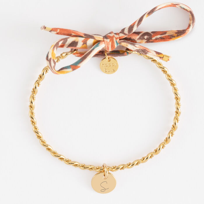 Bracelet personnalisé jonc tressé plaqué or et cordon Liberty médaille gravée 10 mm - S