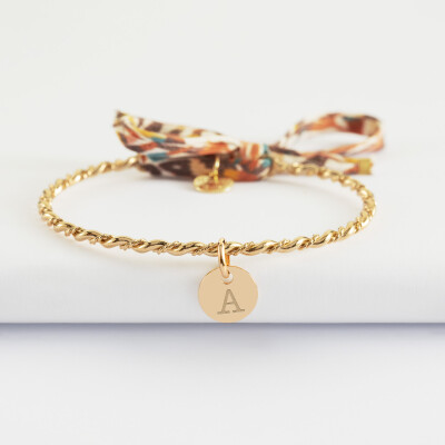 Bracelet personnalisé jonc tressé plaqué or et cordon Liberty médaille gravée 10 mm - A