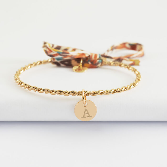 Bracelet personnalisé jonc tressé plaqué or et cordon Liberty médaille gravée 10 mm - A