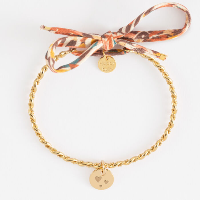 Bracelet personnalisé jonc tressé plaqué or et cordon Liberty médaille gravée 10 mm - pictogramme coeurs
