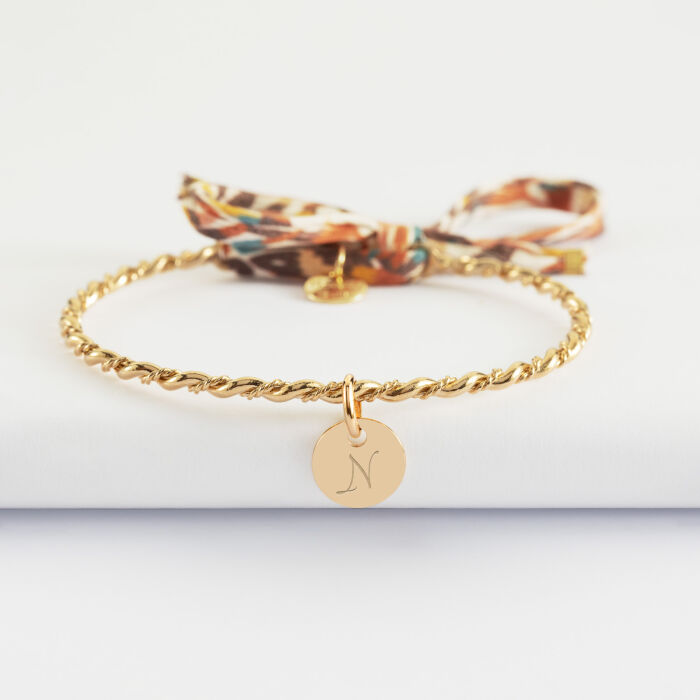 Bracelet personnalisé jonc tressé plaqué or et cordon Liberty médaille gravée 10 mm - N