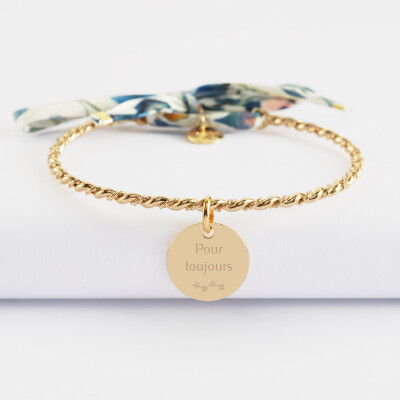 Bracelet personnalisé jonc tressé plaqué or et cordon Liberty médaille gravée 15 mm - texte pictogramme