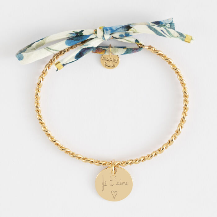 Bracelet personnalisé jonc tressé plaqué or et cordon Liberty médaille gravée 15 mm - écrit