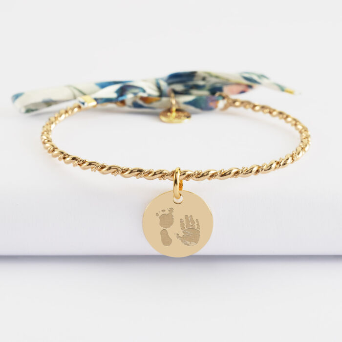 Bracelet personnalisé jonc tressé plaqué or et cordon Liberty médaille gravée 15 mm - empreinte