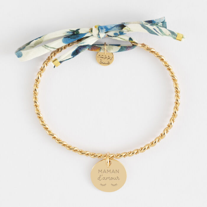 Bracelet personnalisé jonc tressé plaqué or et cordon Liberty médaille gravée 15 mm - illustration