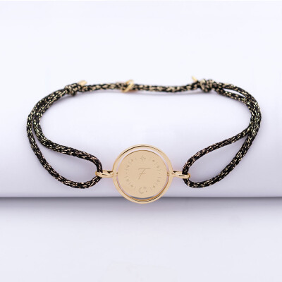 Bracelet personnalisé cordon pailleté médaille réversible Eternelle gravée plaqué or 2 trous 16 mm - HappyBulle x Capucine - illustration lune