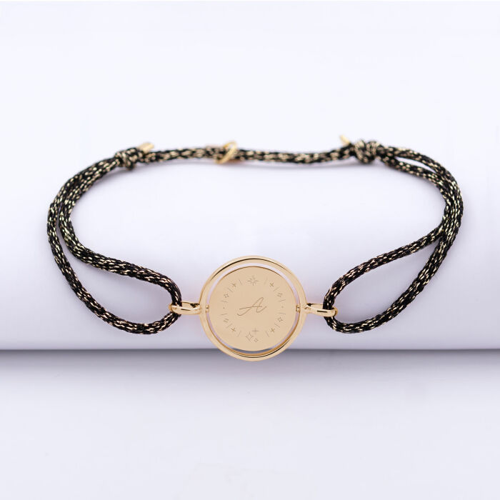 Bracelet personnalisé cordon pailleté médaille réversible Eternelle gravée plaqué or 2 trous 16 mm - HappyBulle x Capucine - illustration étoiles