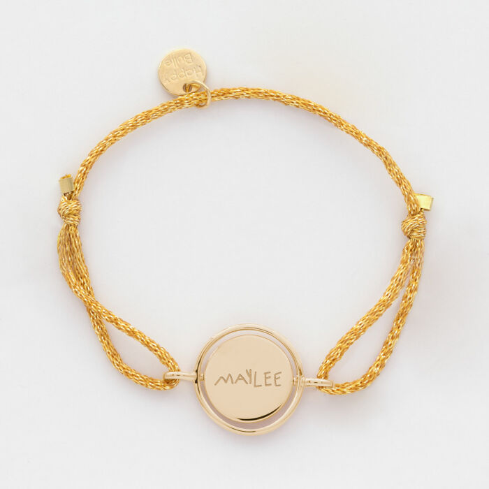Bracelet enfant personnalisé cordon pailleté médaille réversible Eternelle gravée plaqué or 2 trous 16 mm - HappyBulle x Capucine - écrit
