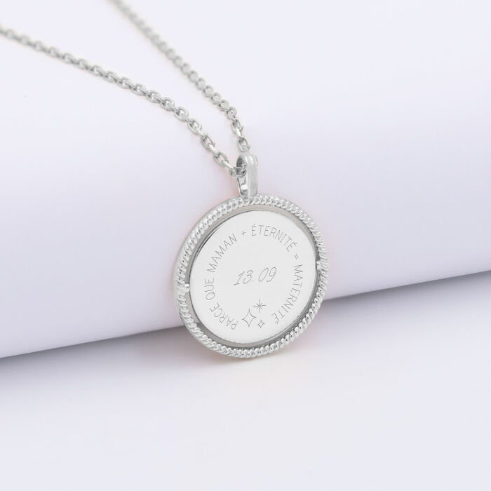 Pendentif personnalisé médaille réversible contour tressé Eternelle gravée argent 18 mm - HappyBulle x Capucine - illustration maman + éternité