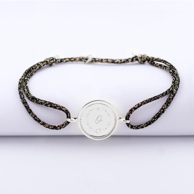Bracelet personnalisé cordon pailleté médaille réversible Eternelle gravée argent 2 trous 16 mm - HappyBulle x Capucine - illustration lune