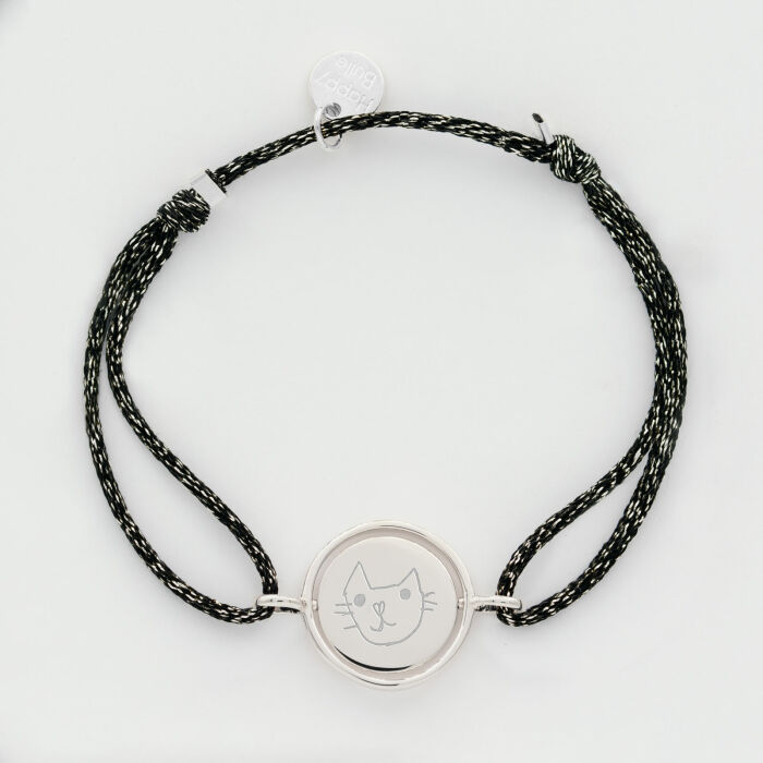 Bracelet personnalisé cordon pailleté médaille réversible Eternelle gravée argent 2 trous 16 mm - HappyBulle x Capucine - dessin