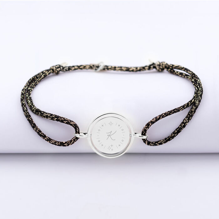 Bracelet personnalisé cordon pailleté médaille réversible Eternelle gravée argent 2 trous 16 mm - HappyBulle x Capucine - illustration étoiles