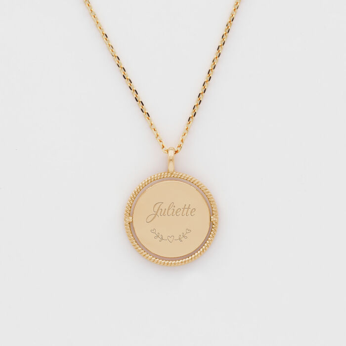 Pendentif enfant personnalisé médaille réversible contour tressé Eternelle gravée plaqué or 18 mm - HappyBulle x Capucine - texte pictogramme