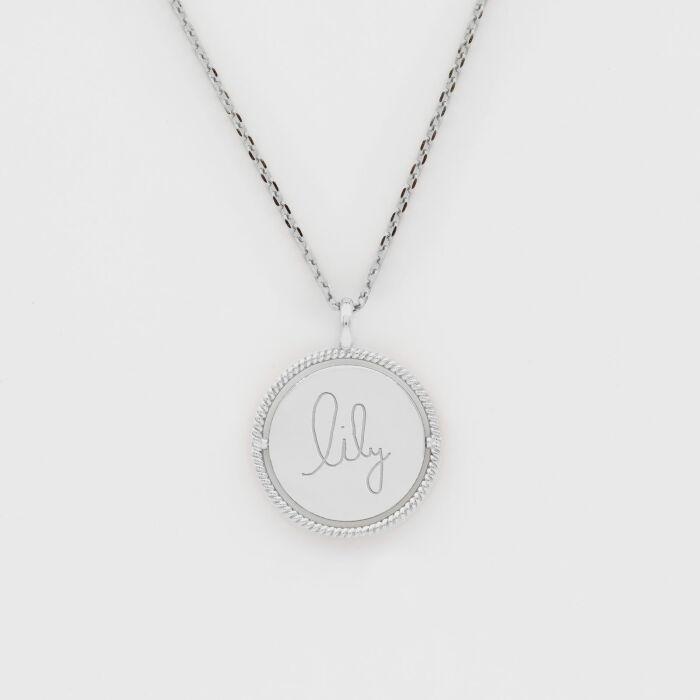 Pendentif enfant personnalisé médaille réversible contour tressé Eternelle gravée argent 18 mm - HappyBulle x Capucine - écrit