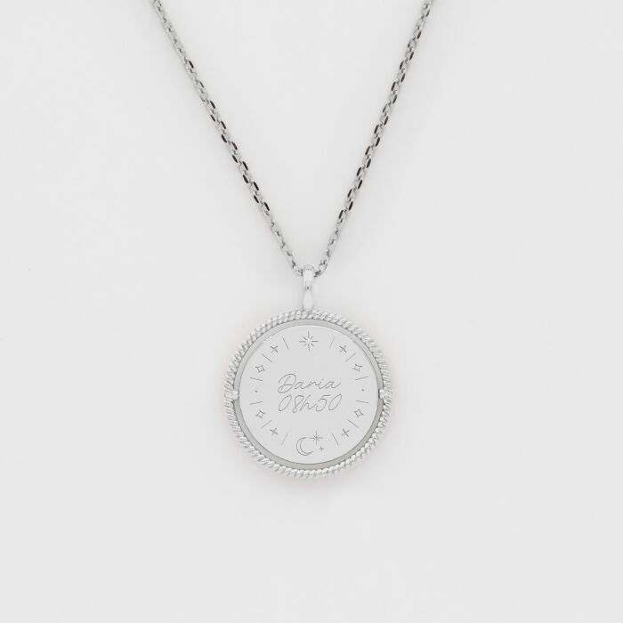 Pendentif enfant personnalisé médaille réversible contour tressé Eternelle gravée argent 18 mm - HappyBulle x Capucine - illustration lune