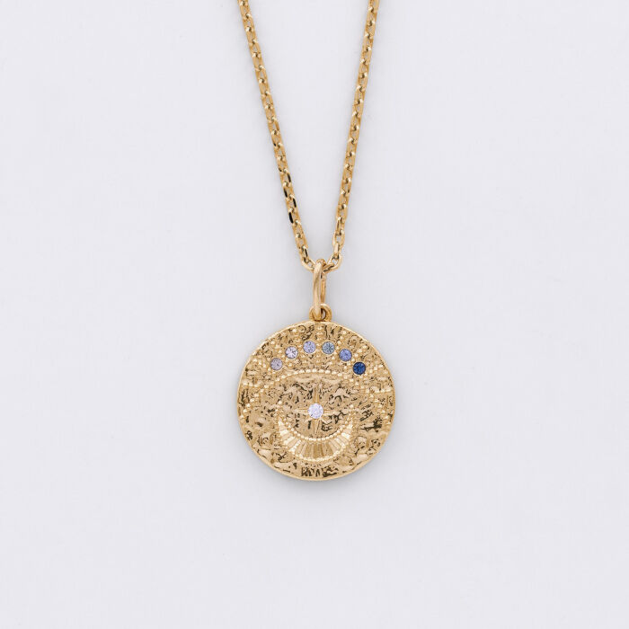 Pendentif personnalisé médaille Lune zircons crépuscule gravée plaqué or 16 mm