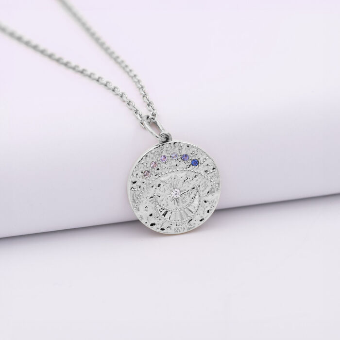 Pendentif personnalisé médaille Lune zircons crépuscule gravée argent 16 mm