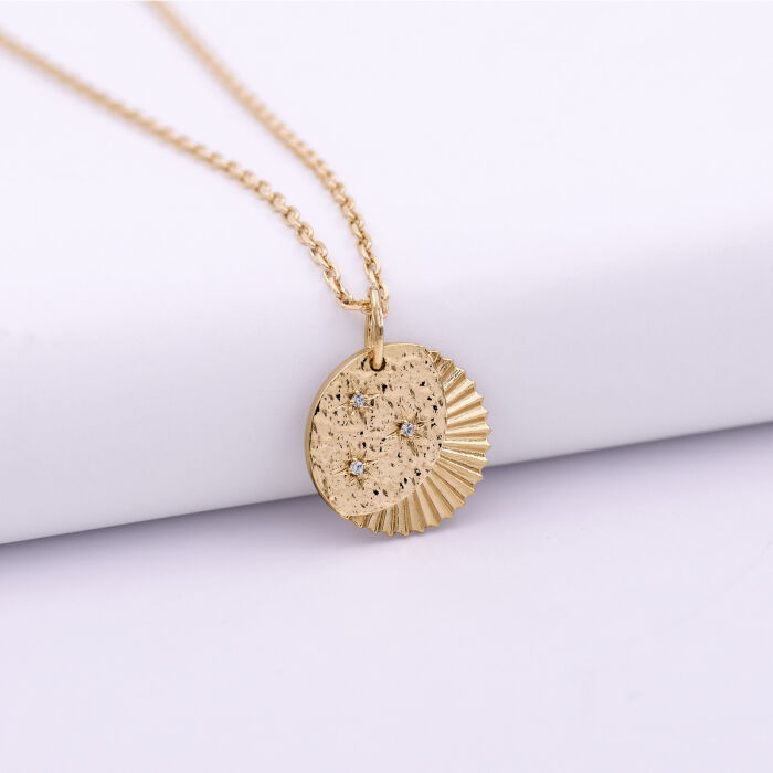 Pendentif médaille Lune trio zircons plaqué or 14 mm - biais