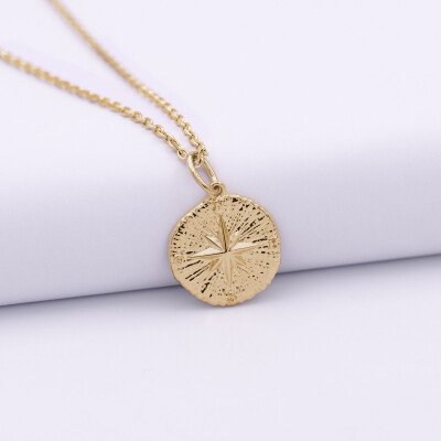 Pendentif personnalisé médaille gravée plaqué or rose des vents texturée 14 mm