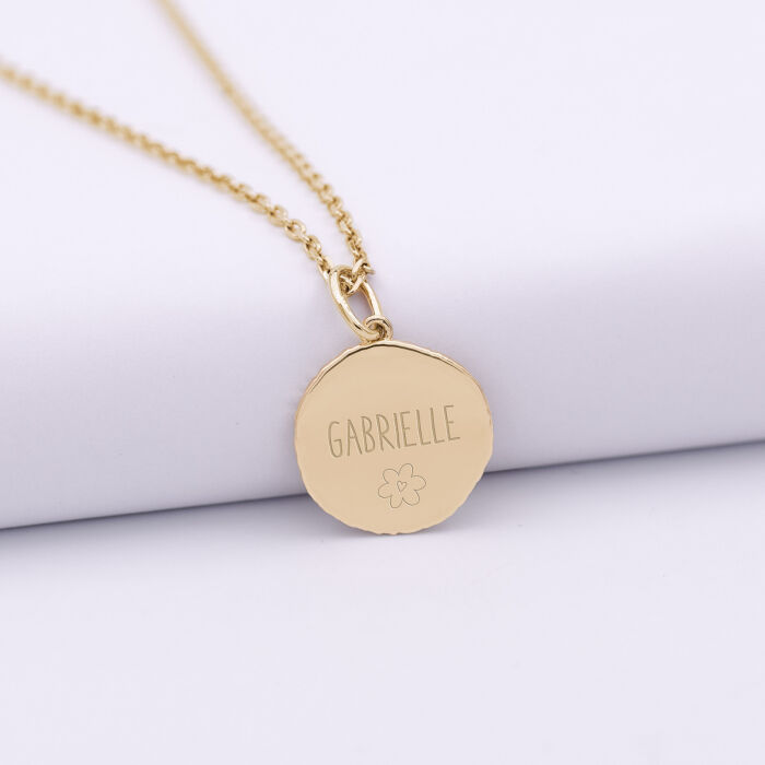 Pendentif enfant personnalisé médaille gravée plaqué or rose des vents texturée 14 mm - texte picto