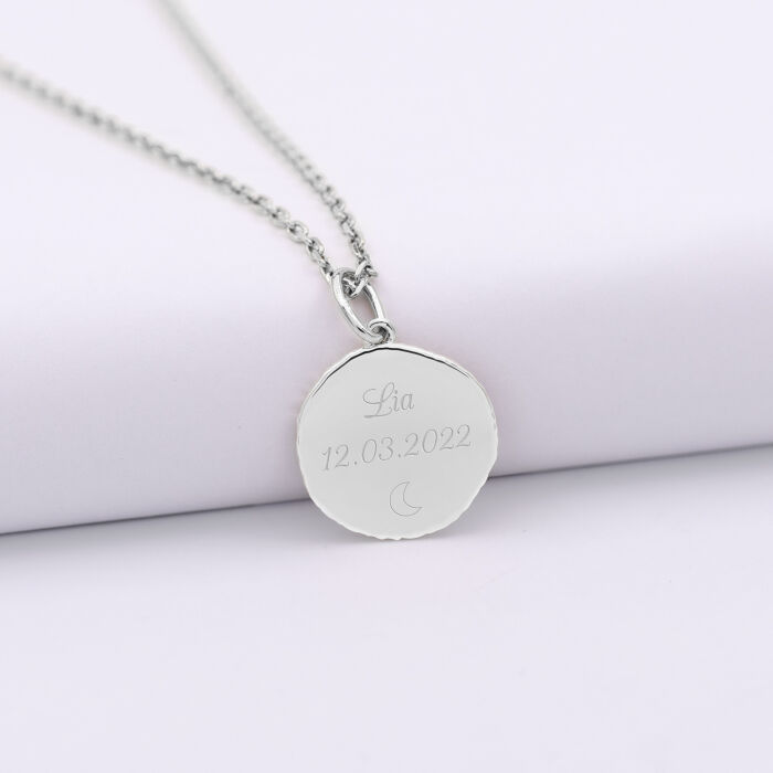 Pendentif enfant personnalisé médaille gravée argent rose des vents texturée 14 mm - texte picto