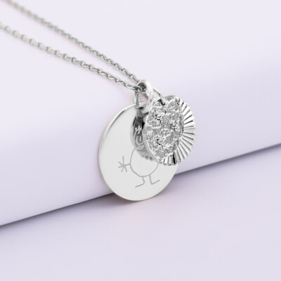 Pendentif personnalisé médaille gravée argent 19 mm et breloque Lune trio zircons 14 mm - dessin