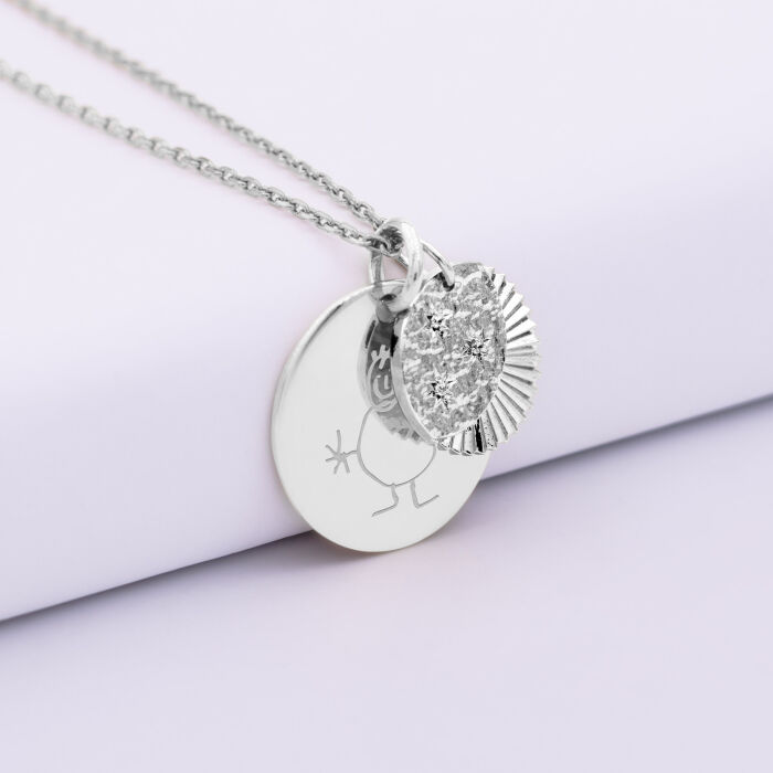 Pendentif personnalisé médaille gravée argent 19 mm et breloque Lune trio zircons 14 mm - dessin