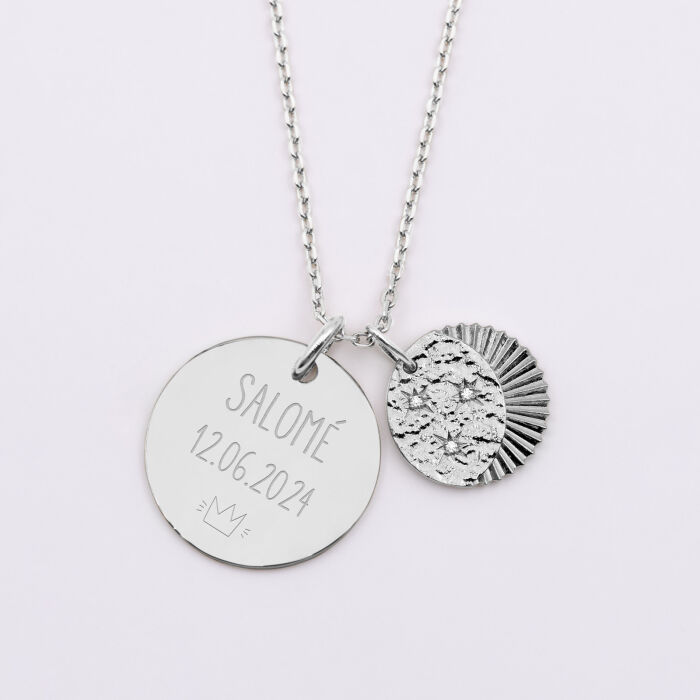 Pendentif personnalisé médaille gravée argent 19 mm et breloque Lune trio zircons 14 mm - texte pictogramme