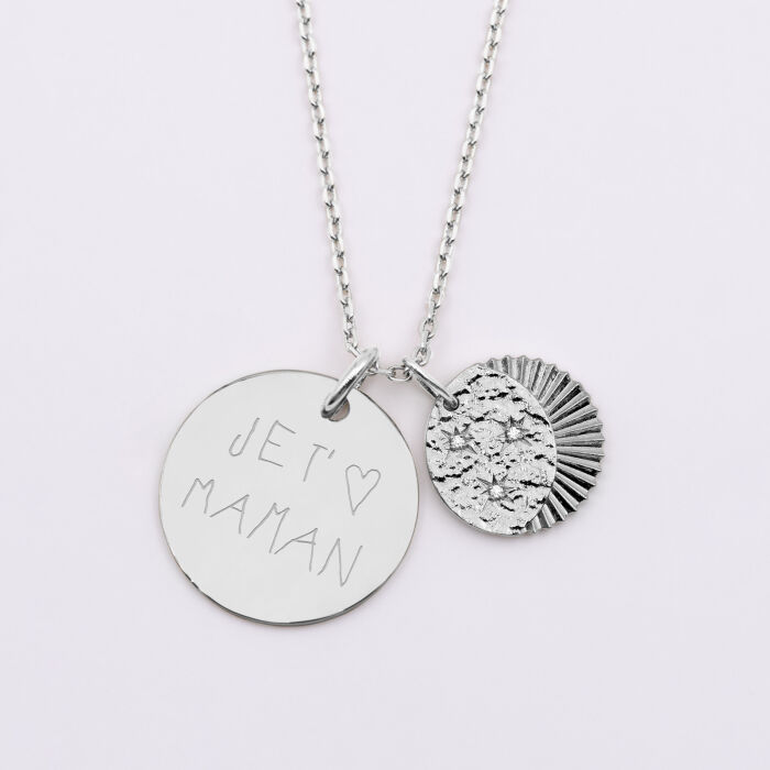 Pendentif personnalisé médaille gravée argent 19 mm et breloque Lune trio zircons 14 mm - écrit