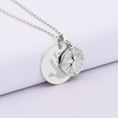 Pendentif personnalisé médaille gravée argent 19 mm et breloque rose des vents texturée 14 mm - empreinte
