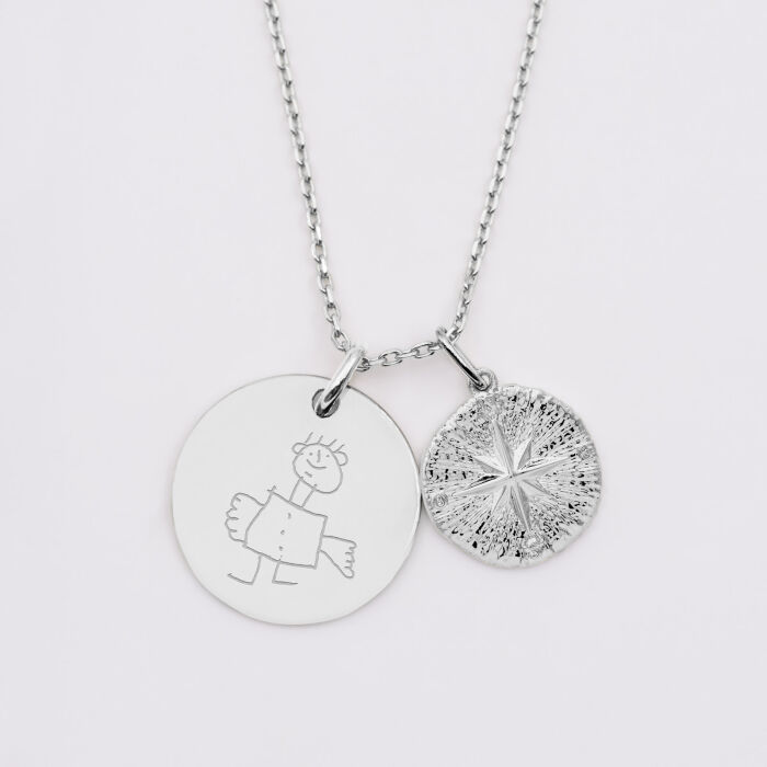 Pendentif personnalisé médaille gravée argent 19 mm et breloque rose des vents texturée 14 mm - dessin