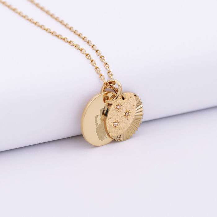 Pendentif personnalisé médaille gravée plaqué or 15 mm et breloque Lune trio zircons 14 mm - empreinte