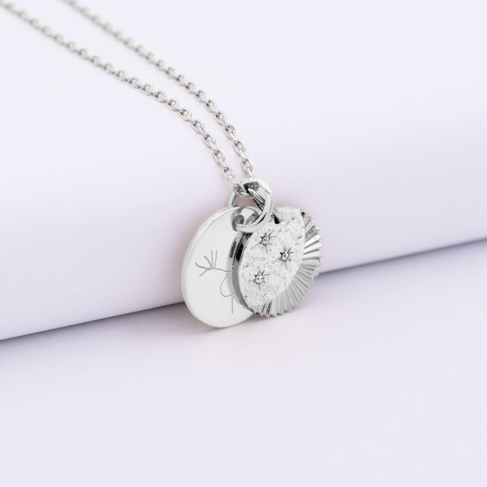 Pendentif personnalisé médaille gravée argent 15 mm et breloque Lune trio zircons 14 mm - dessin
