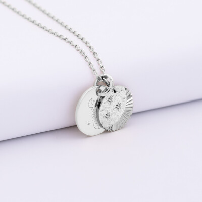 Pendentif personnalisé médaille gravée argent 15 mm et breloque Lune trio zircons 14 mm - illustration