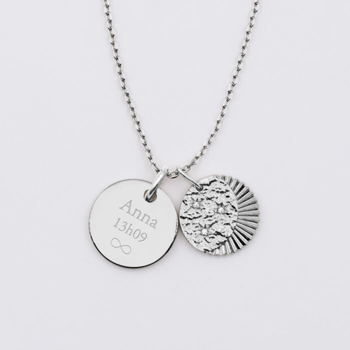 Pendentif personnalisé médaille gravée argent 15 mm et breloque Lune trio zircons 14 mm - texte pictogramme