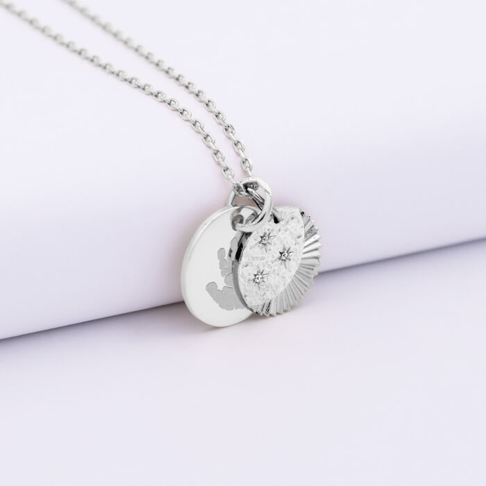 Pendentif personnalisé médaille gravée argent 15 mm et breloque Lune trio zircons 14 mm - empreinte
