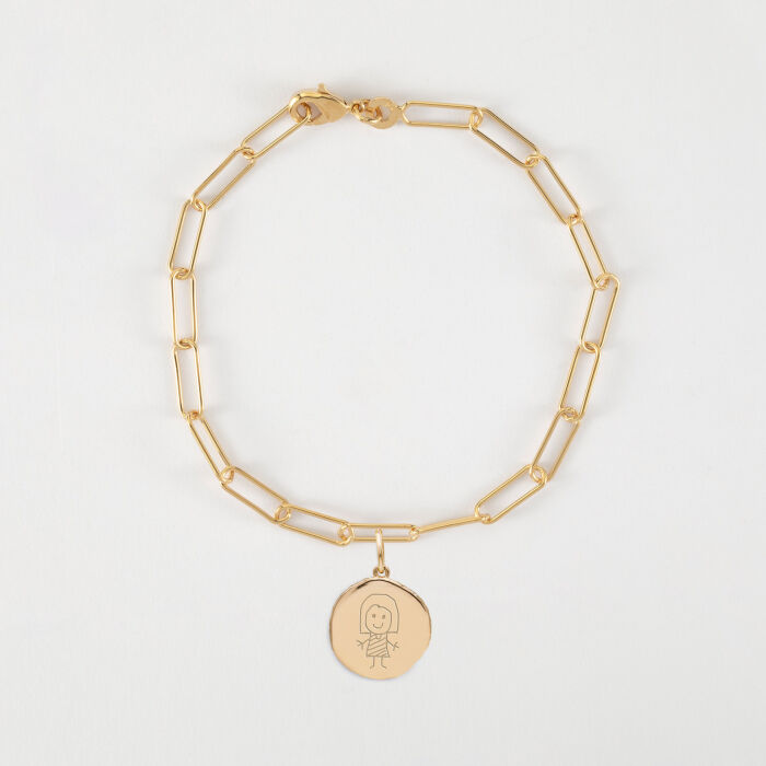 Bracelet chaîne personnalisé petites mailles médaille gravée plaqué or rose des vents texturée 14 mm - dessin