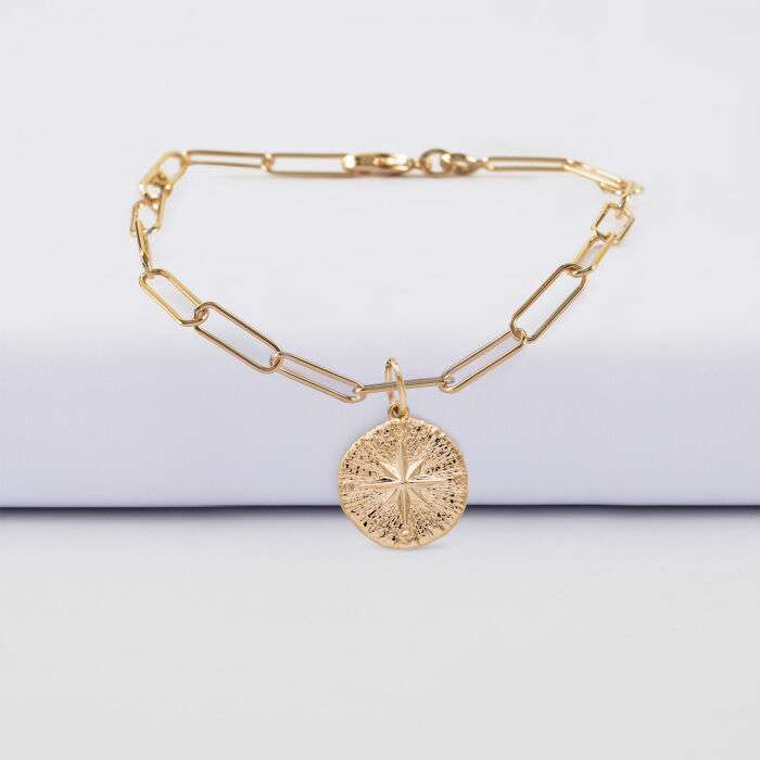 Bracelet chaîne personnalisé petites mailles médaille gravée plaqué or rose des vents texturée 14 mm - recto