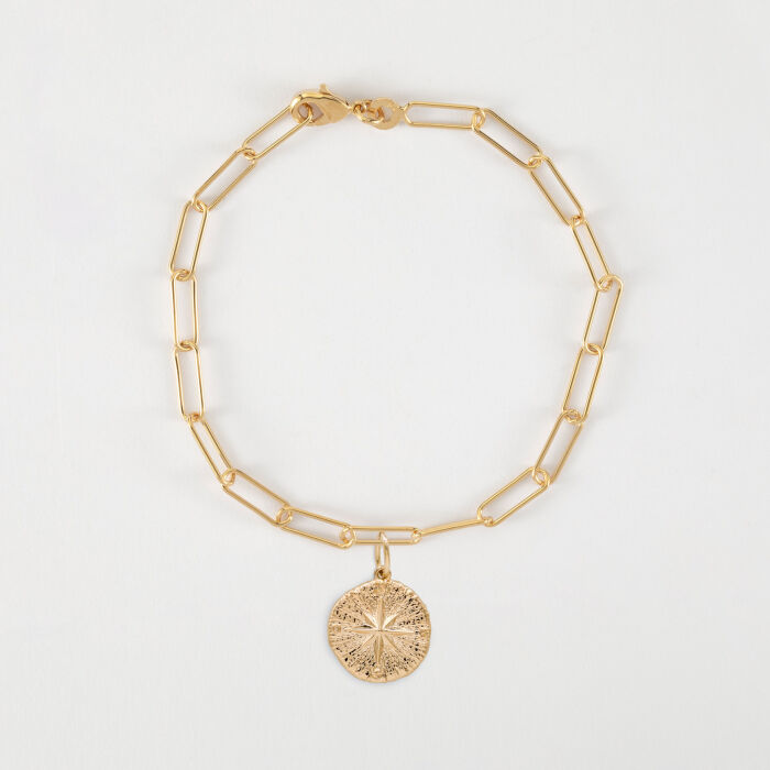 Bracelet chaîne personnalisé petites mailles médaille gravée plaqué or rose des vents texturée 14 mm - recto face