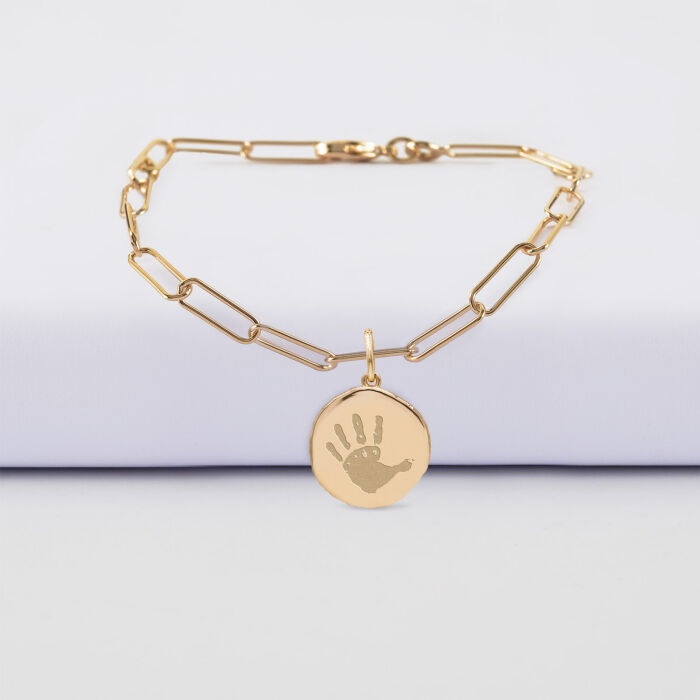 Bracelet chaîne personnalisé petites mailles médaille gravée plaqué or rose des vents texturée 14 mm - empreinte