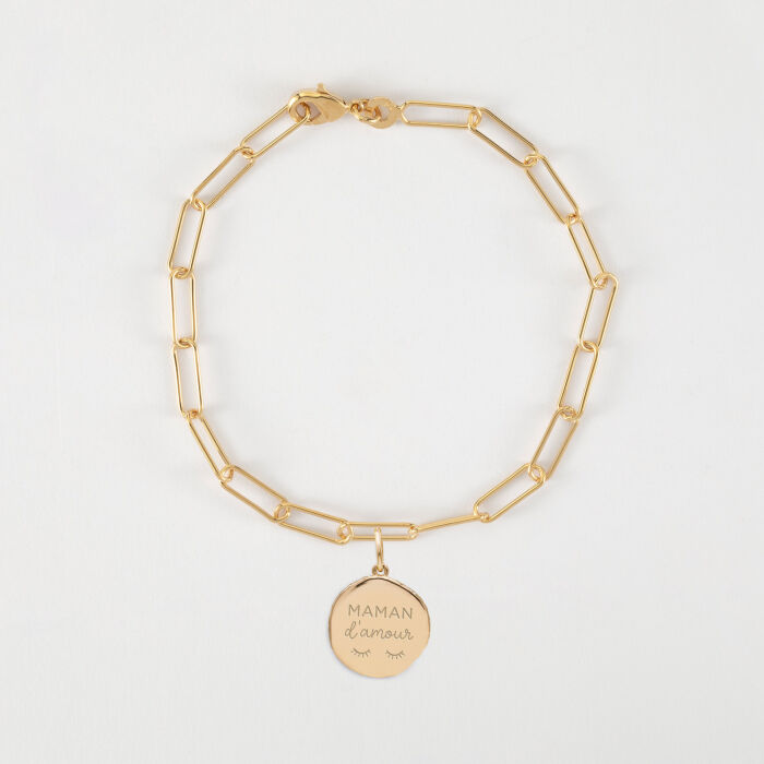 Bracelet chaîne personnalisé petites mailles médaille gravée plaqué or rose des vents texturée 14 mm - illustration