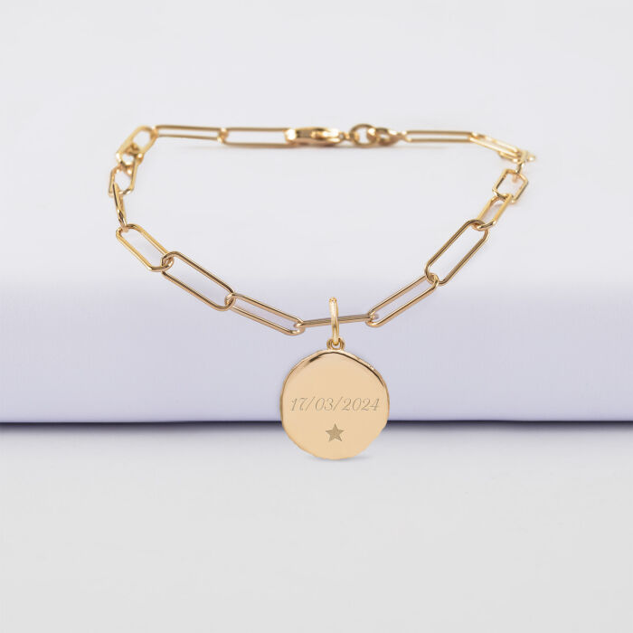 Bracelet chaîne personnalisé petites mailles médaille gravée plaqué or rose des vents texturée 14 mm - texte pictogramme