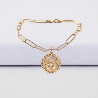 Bracciale catena personalizzato maglia fine medaglietta Luna zirconi crepusculo incisa placcata oro 16 mm