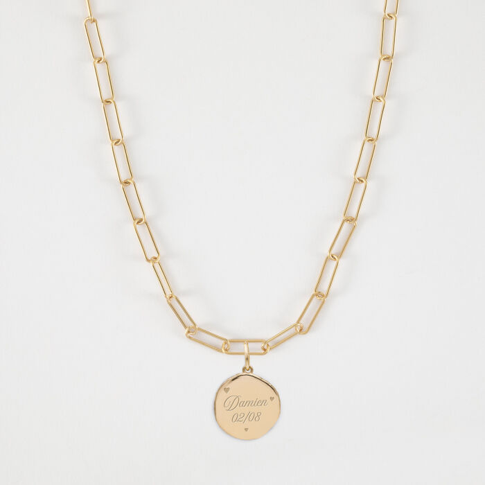 Collier personnalisé petites mailles médaille gravée plaqué or rose des vents texturée 14 mm - texte picto