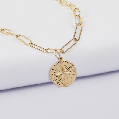 Collier personnalisé petites mailles médaille gravée plaqué or rose des vents texturée 14 mm - recto