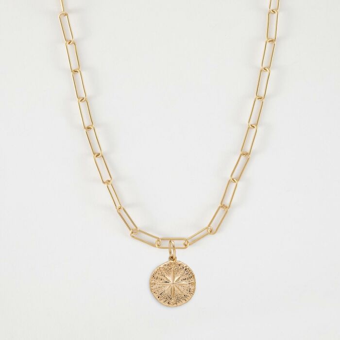 Collier personnalisé petites mailles médaille gravée plaqué or rose des vents texturée 14 mm - recto face