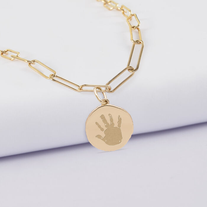 Collier personnalisé petites mailles médaille gravée plaqué or rose des vents texturée 14 mm - empreinte