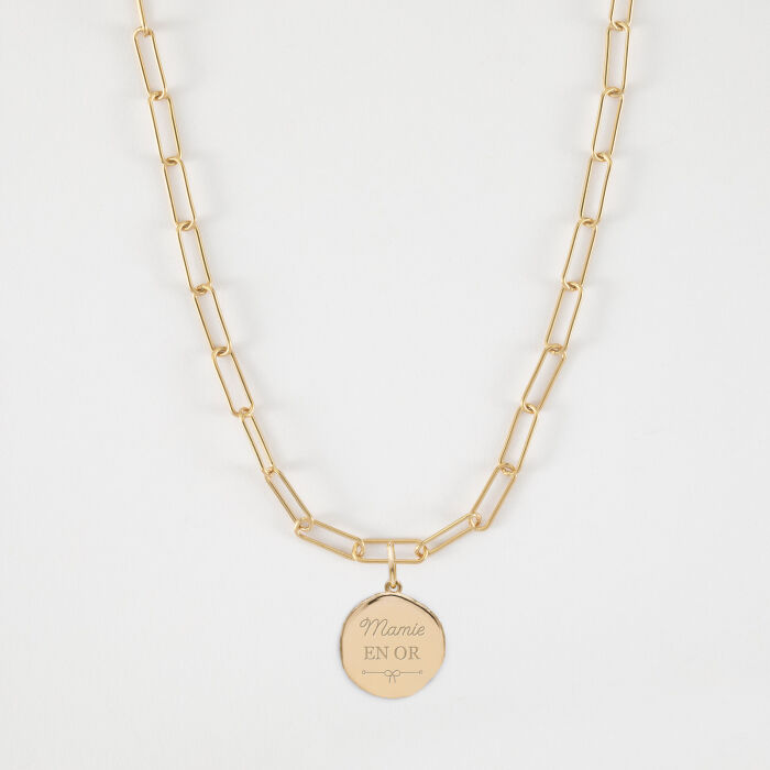 Collier personnalisé petites mailles médaille gravée plaqué or rose des vents texturée 14 mm - illustration