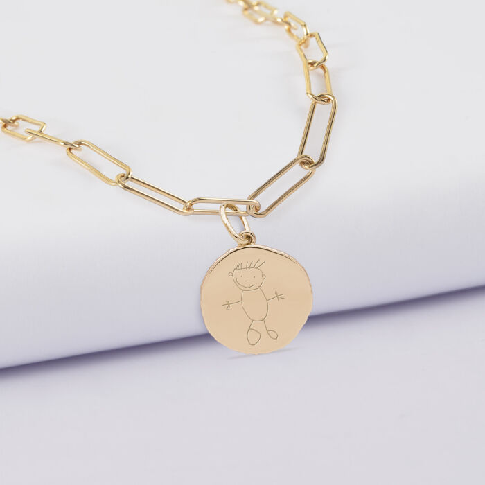 Collier personnalisé petites mailles médaille gravée plaqué or rose des vents texturée 14 mm - dessin