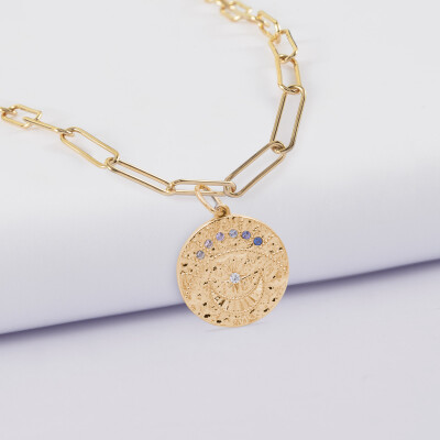 Personalised Gold-Plated Small Links Chain Necklace with Twilight Moon Zircons Engraved Disc Pendant 16 mm